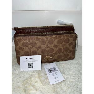 🔥🎁Double Zip Wallet In Signature Canvas Tan/Brown CX161 Msrp:$198.00